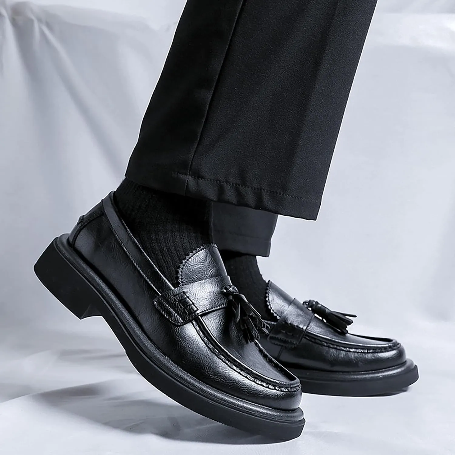 Men's Leather Tassel Loafers Shoes - Platform Penny Slip-On Dress Shoes with Round Toe, Non-Slip Sole for Business Office Work