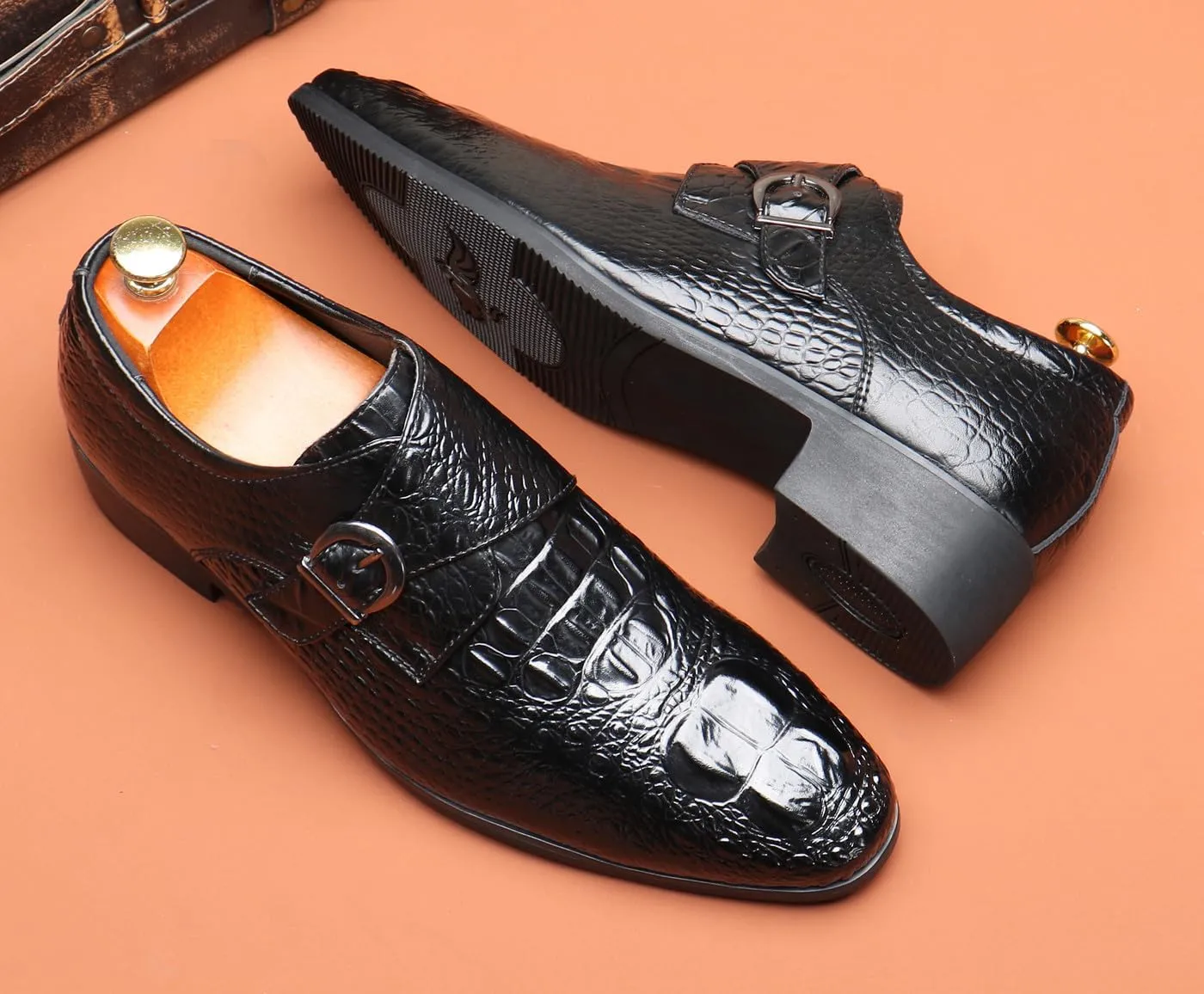 Mens Loafers Casual Dress Leather Buckle Loafers Prom Wedding Fashion Crocodile Skin Texture Moccasins Business Tuxedo Shoes for Men