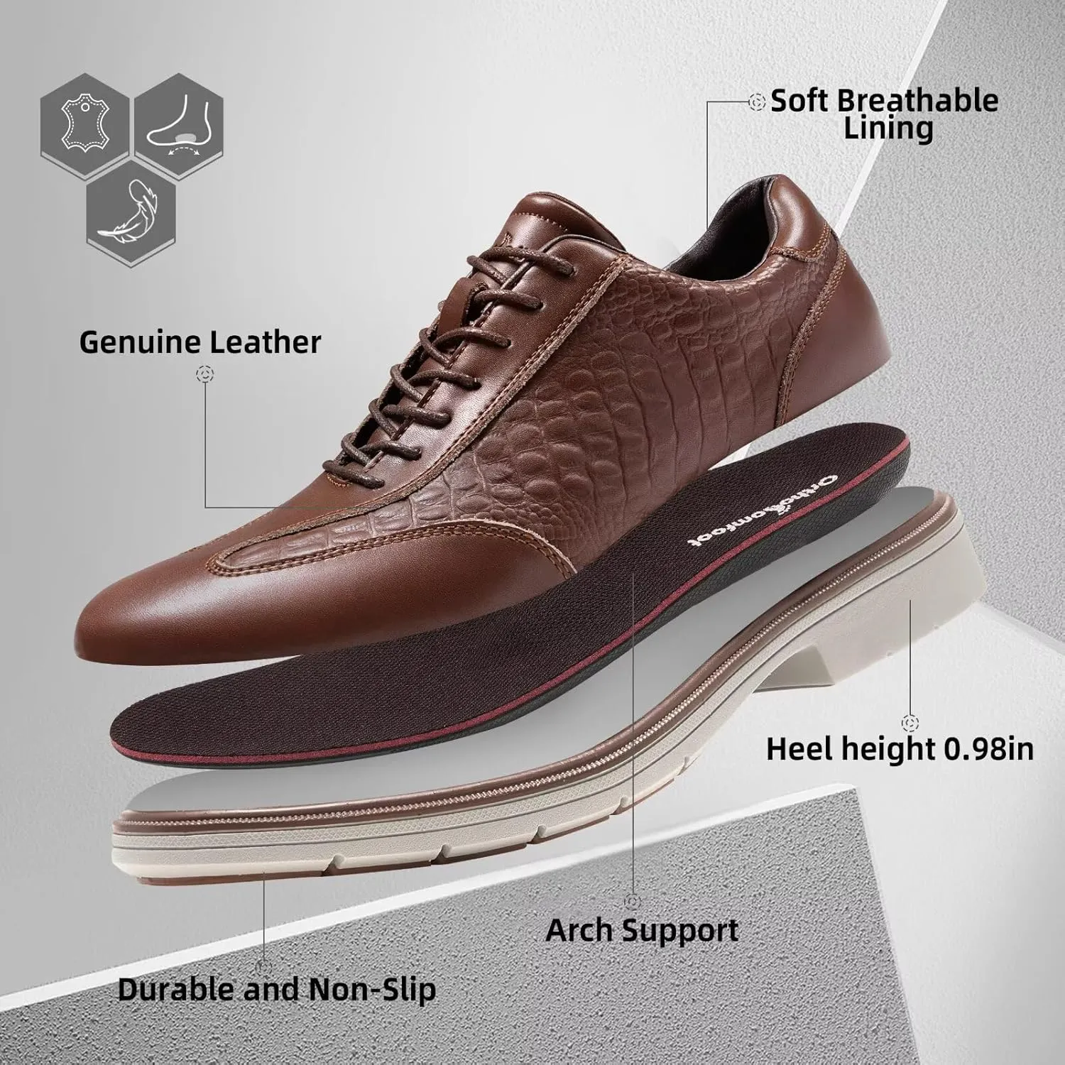 Men's Orthopedic Business Dress Walking Shoes - Comfortable Arch Support Plantar Fasciitis Leather Wingtip Formal Oxford - Flat Feet Casual Cap Toe Tuxedo Patent Sneakers for Foot Heel Pain Relief