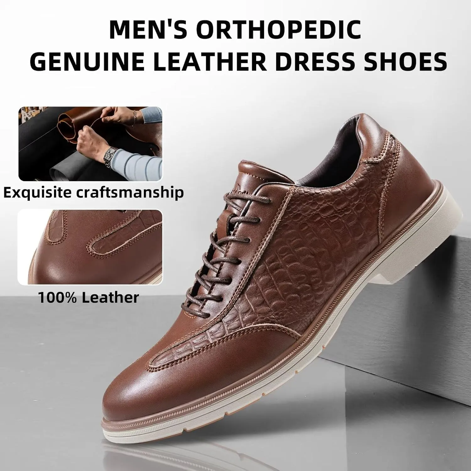 Men's Orthopedic Business Dress Walking Shoes - Comfortable Arch Support Plantar Fasciitis Leather Wingtip Formal Oxford - Flat Feet Casual Cap Toe Tuxedo Patent Sneakers for Foot Heel Pain Relief