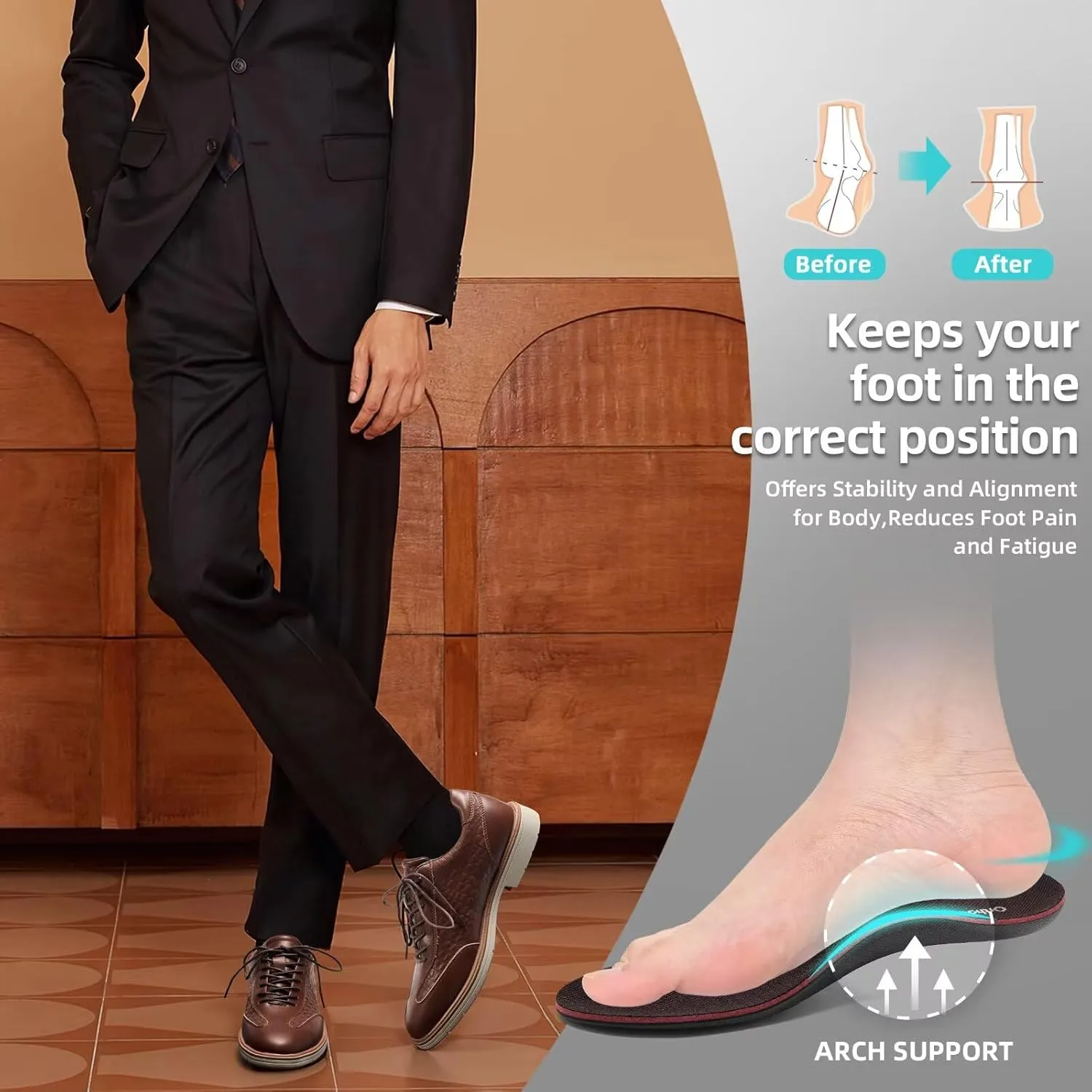 Men's Orthopedic Business Dress Walking Shoes - Comfortable Arch Support Plantar Fasciitis Leather Wingtip Formal Oxford - Flat Feet Casual Cap Toe Tuxedo Patent Sneakers for Foot Heel Pain Relief