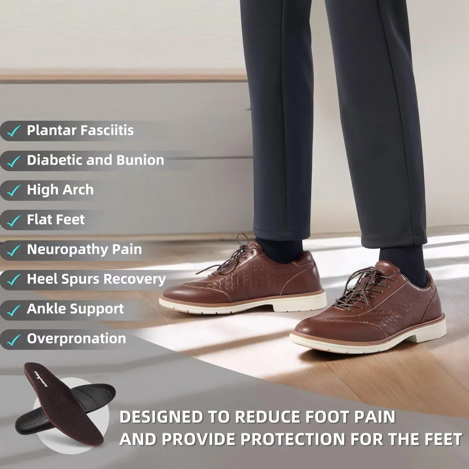 Men's Orthopedic Business Dress Walking Shoes - Comfortable Arch Support Plantar Fasciitis Leather Wingtip Formal Oxford - Flat Feet Casual Cap Toe Tuxedo Patent Sneakers for Foot Heel Pain Relief