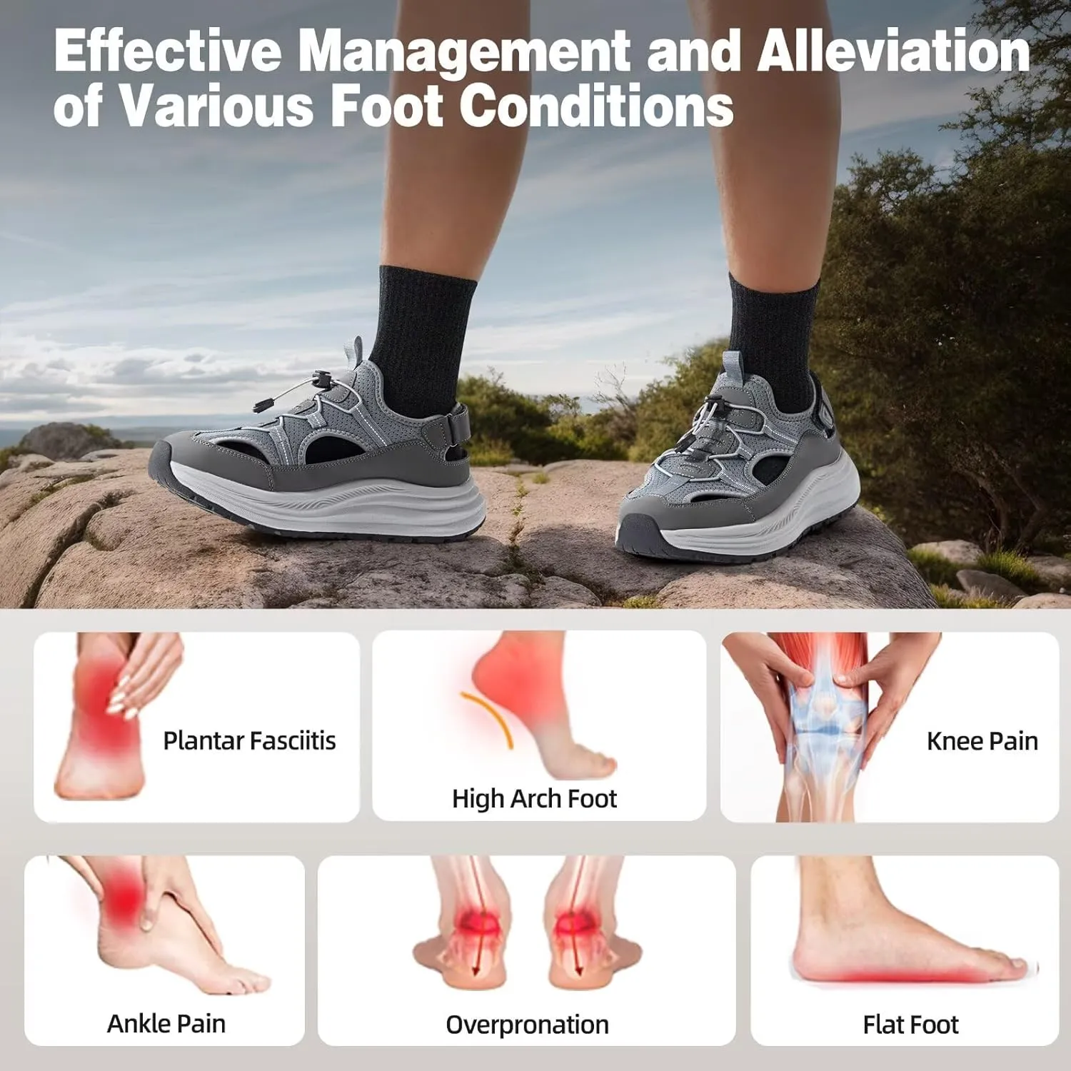 Men's Orthopedic Close Toes Hiking Sandals: Plantar Fasciitis Arch Support Adjustable Hook Loop Strap Athletic Sport Shoes, Comfortable Casual Camping Waterproof Summer Walking Sandals