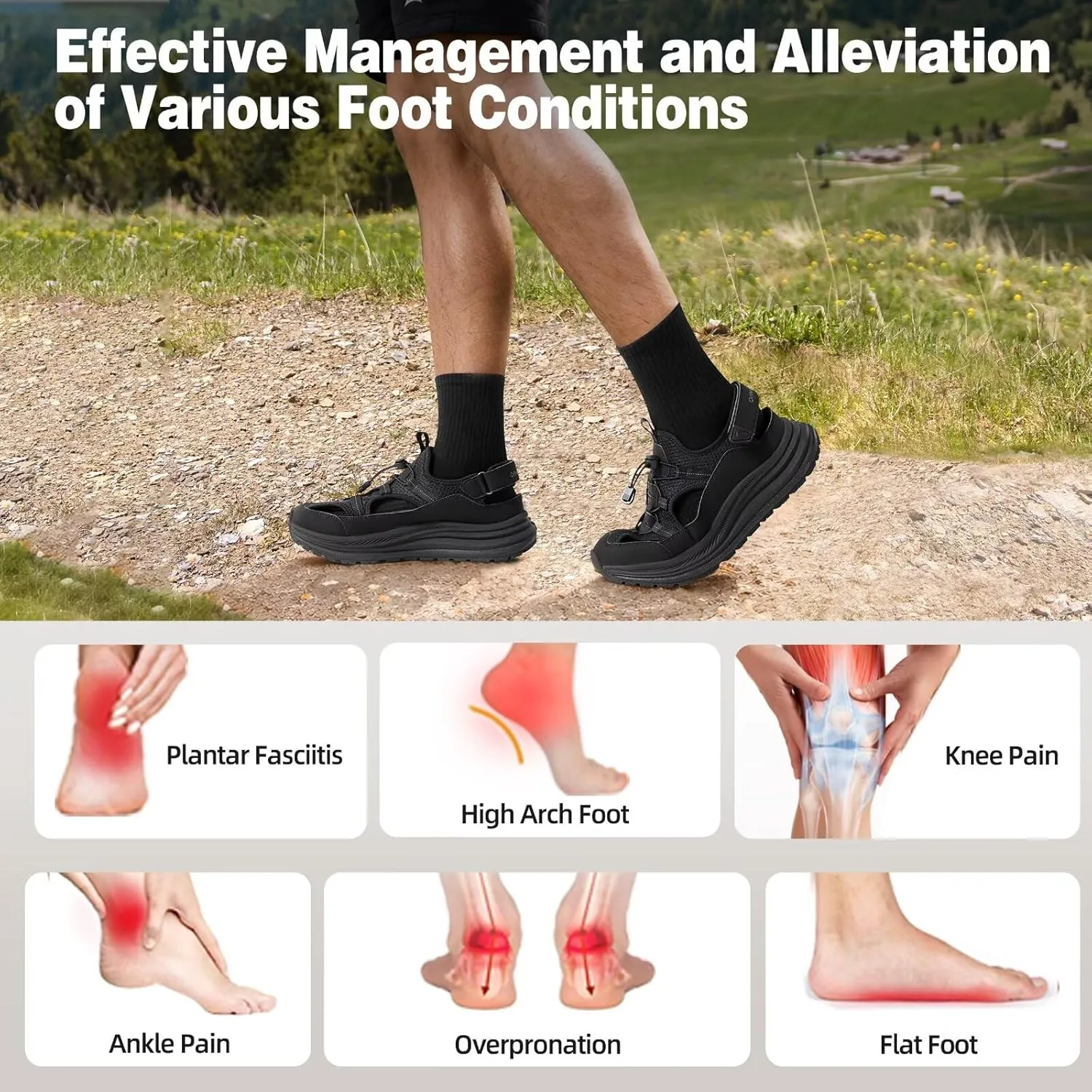 Men's Orthopedic Close Toes Hiking Sandals: Plantar Fasciitis Arch Support Adjustable Hook Loop Strap Athletic Sport Shoes, Comfortable Casual Camping Waterproof Summer Walking Sandals