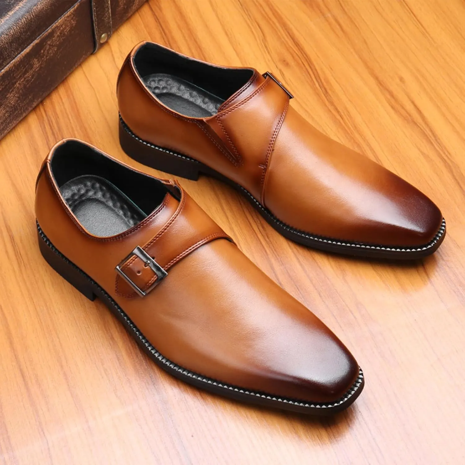 Mens Retro Comfort Slip On Monk Buckle Loafers Pointed-Toe Low Heel Polishing Leather Formal Tuxedo Shoes Fashion Business Dress Oxford Shoes