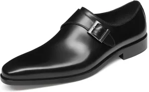 Mens Retro Comfort Slip On Monk Buckle Loafers Pointed-Toe Low Heel Polishing Leather Formal Tuxedo Shoes Fashion Business Dress Oxford Shoes
