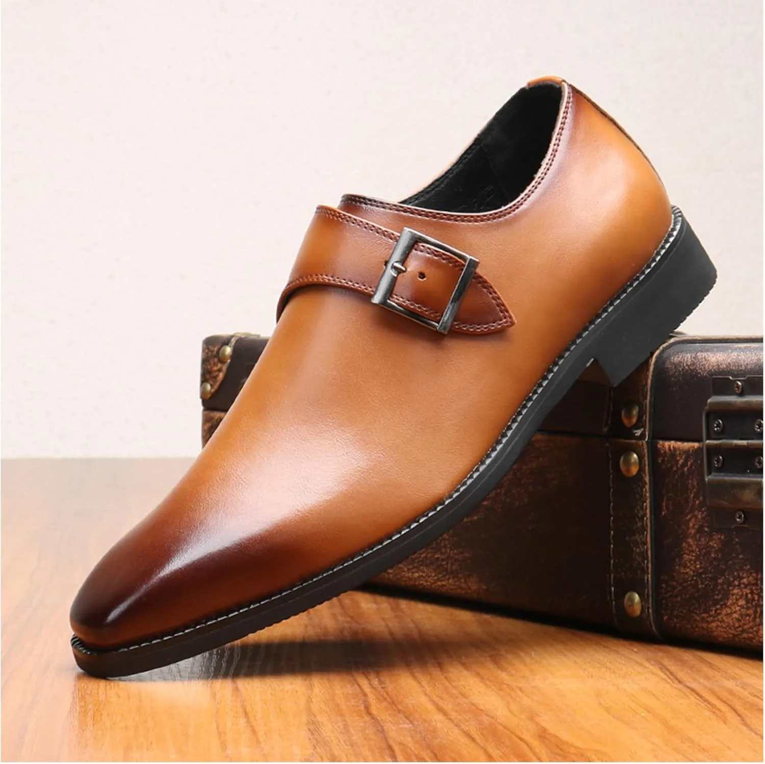 Mens Retro Comfort Slip On Monk Buckle Loafers Pointed-Toe Low Heel Polishing Leather Formal Tuxedo Shoes Fashion Business Dress Oxford Shoes