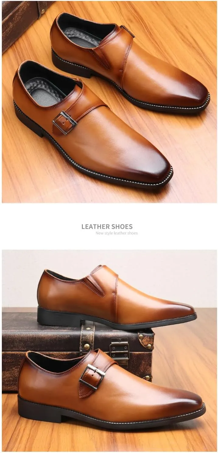 Mens Retro Comfort Slip On Monk Buckle Loafers Pointed-Toe Low Heel Polishing Leather Formal Tuxedo Shoes Fashion Business Dress Oxford Shoes