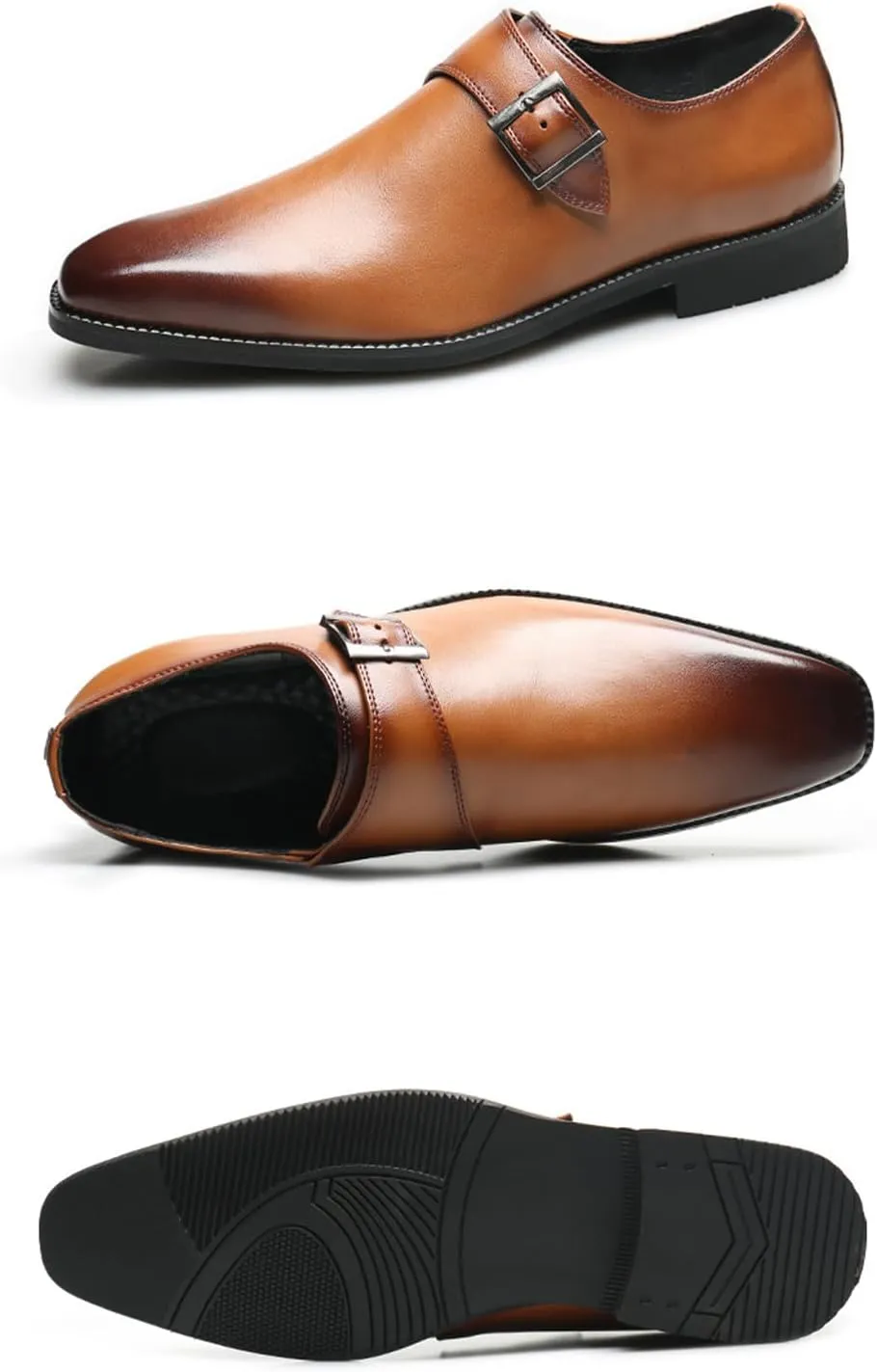 Mens Retro Comfort Slip On Monk Buckle Loafers Pointed-Toe Low Heel Polishing Leather Formal Tuxedo Shoes Fashion Business Dress Oxford Shoes