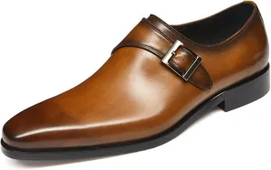 Mens Retro Comfort Slip On Monk Buckle Loafers Pointed-Toe Low Heel Polishing Leather Formal Tuxedo Shoes Fashion Business Dress Oxford Shoes