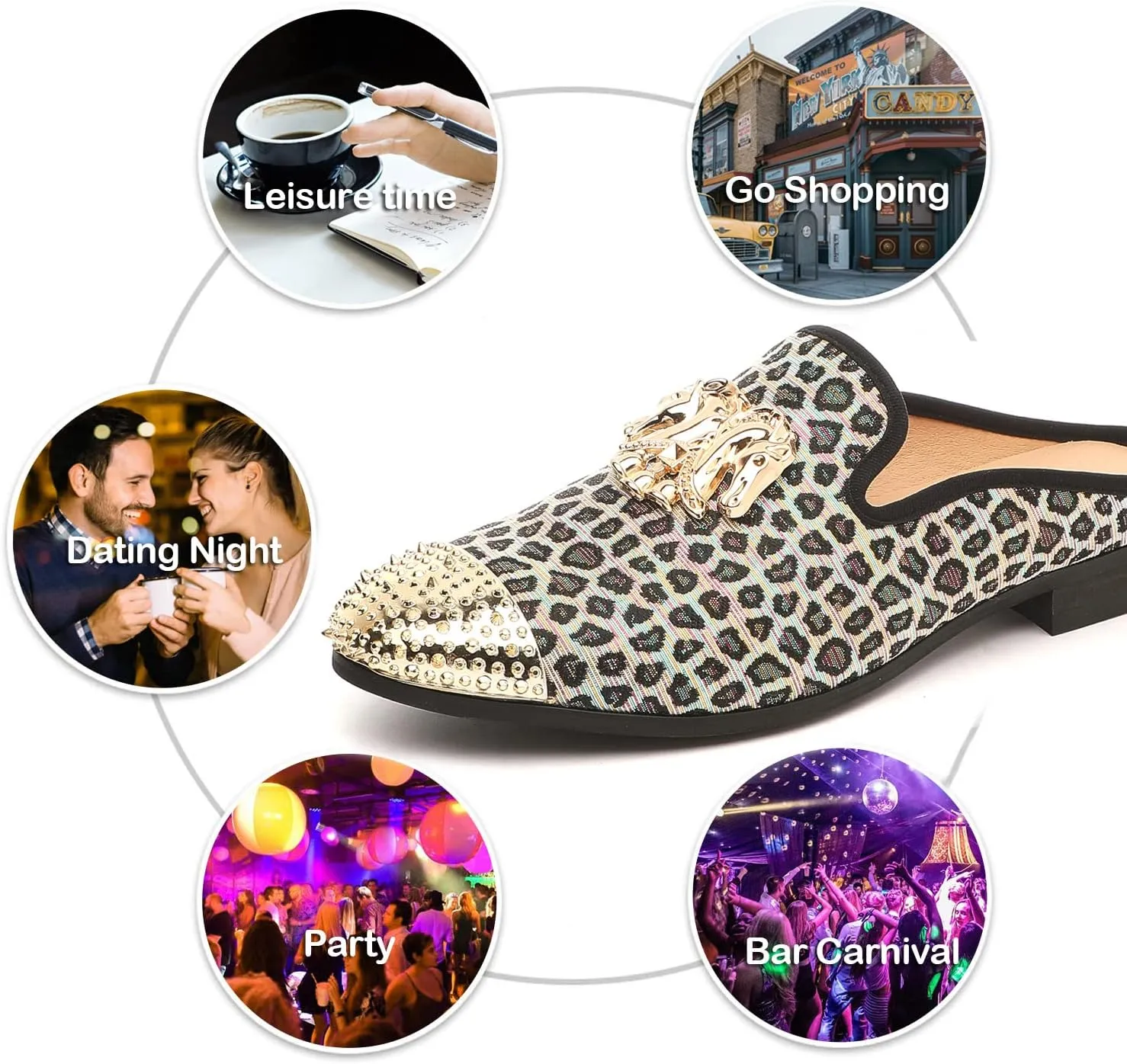 Men's Slip-on Mule Sandals Loafer with Gold Buckle,Fashion Leather Formal Wear Casual Backless Dress Slippers