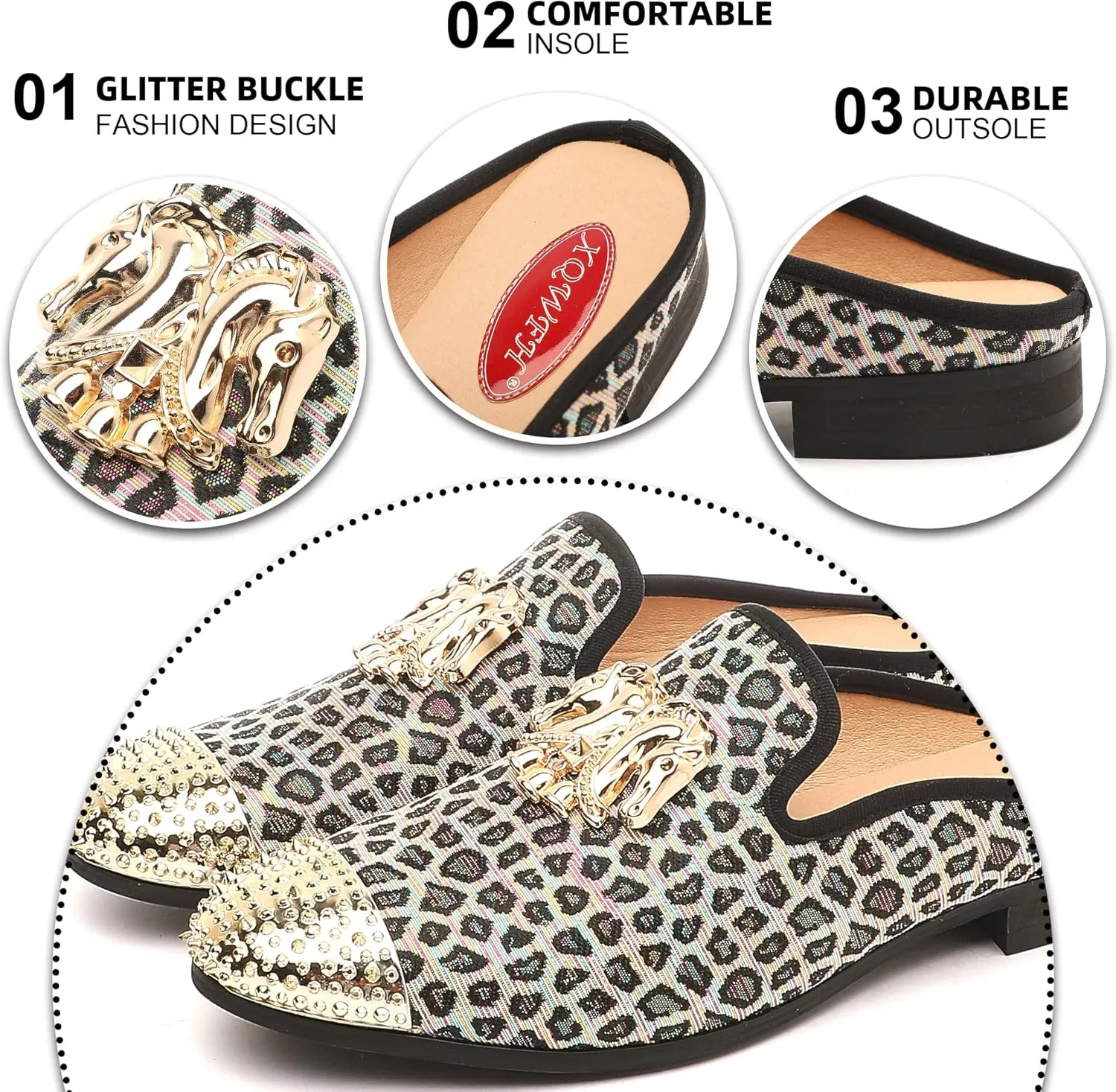 Men's Slip-on Mule Sandals Loafer with Gold Buckle,Fashion Leather Formal Wear Casual Backless Dress Slippers
