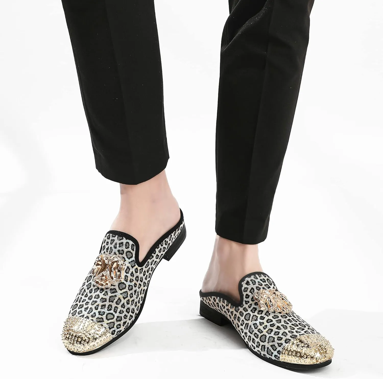 Men's Slip-on Mule Sandals Loafer with Gold Buckle,Fashion Leather Formal Wear Casual Backless Dress Slippers
