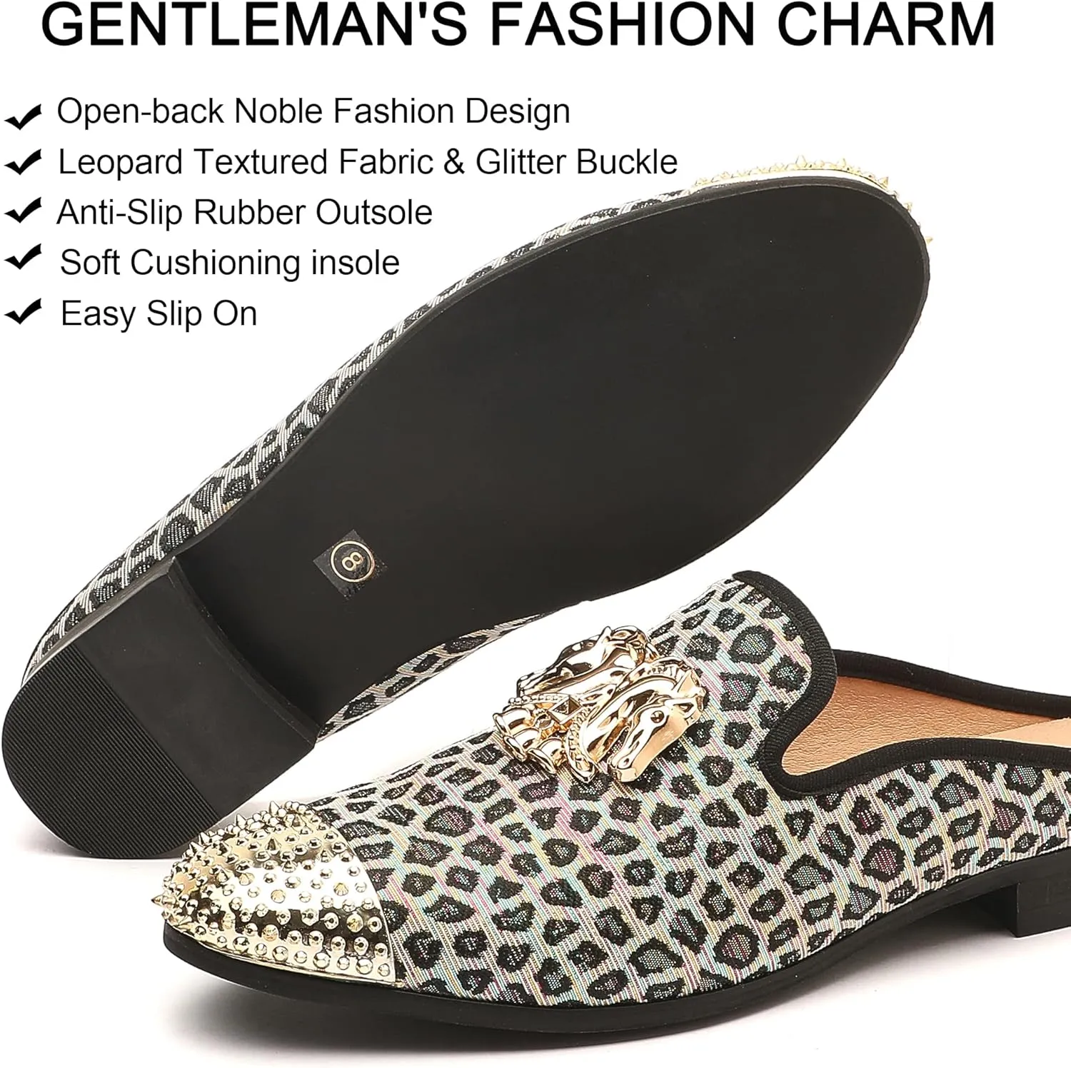 Men's Slip-on Mule Sandals Loafer with Gold Buckle,Fashion Leather Formal Wear Casual Backless Dress Slippers