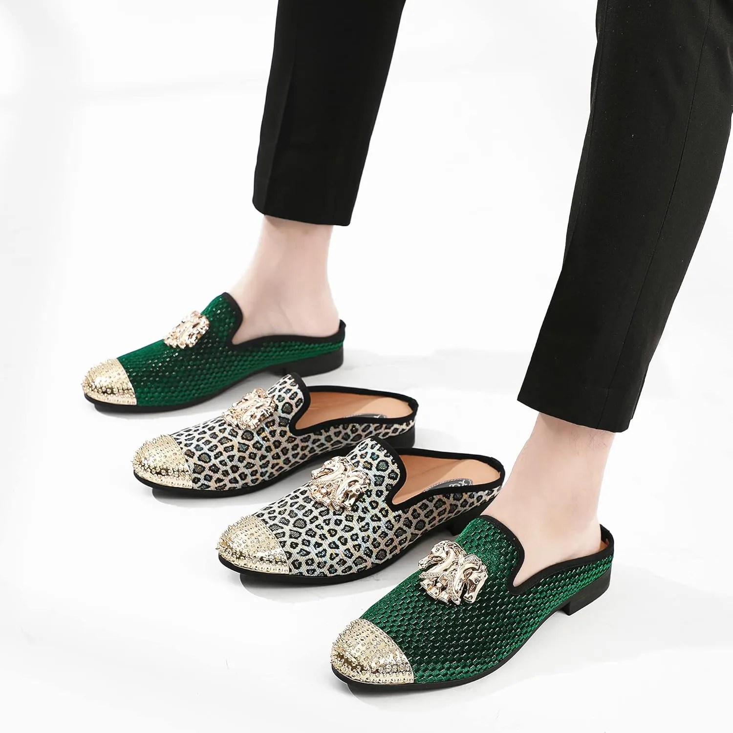 Men's Slip-on Mule Sandals Loafer with Gold Buckle,Fashion Leather Formal Wear Casual Backless Dress Slippers