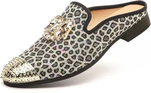 Men's Slip-on Mule Sandals Loafer with Gold Buckle,Fashion Leather Formal Wear Casual Backless Dress Slippers
