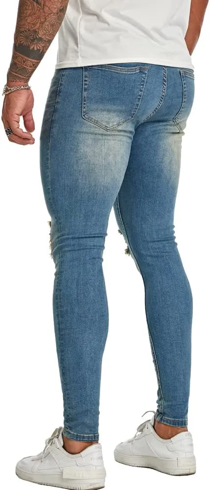Men's Super Skinny Stretch Tapered Leg Slim Fit Ripped Distressed Jeans…