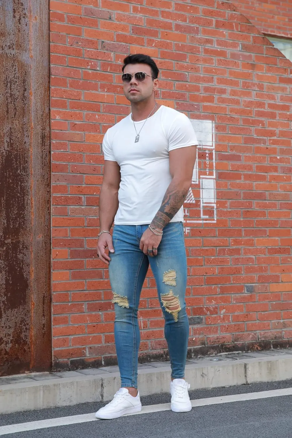 Men's Super Skinny Stretch Tapered Leg Slim Fit Ripped Distressed Jeans…