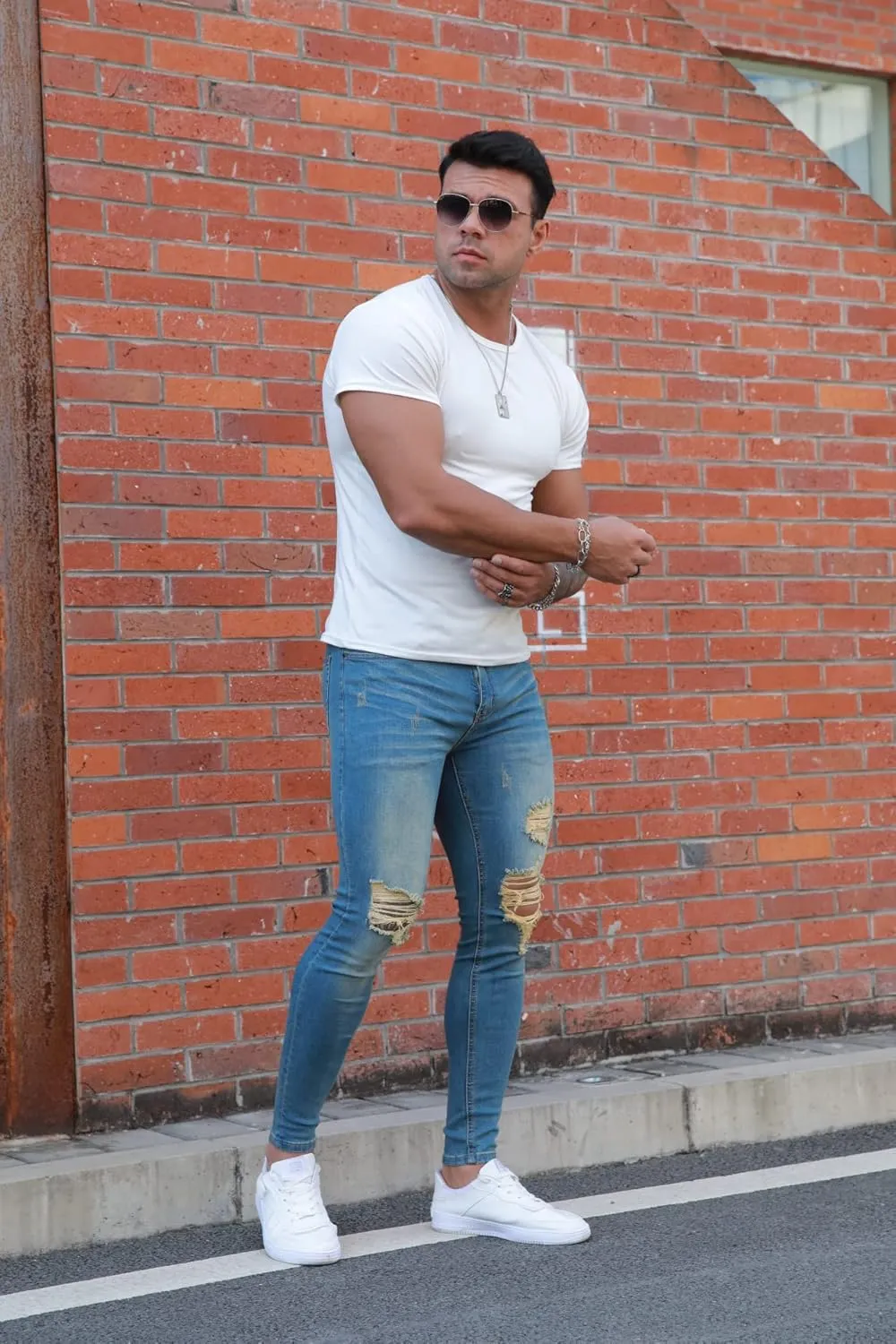 Men's Super Skinny Stretch Tapered Leg Slim Fit Ripped Distressed Jeans…