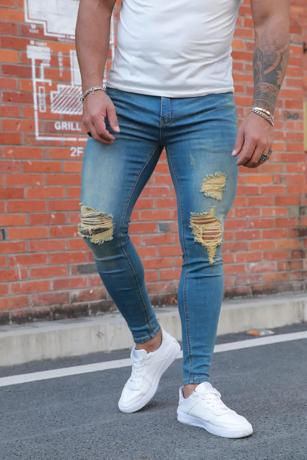 Men's Super Skinny Stretch Tapered Leg Slim Fit Ripped Distressed Jeans…