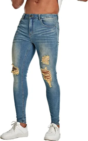Men's Super Skinny Stretch Tapered Leg Slim Fit Ripped Distressed Jeans…