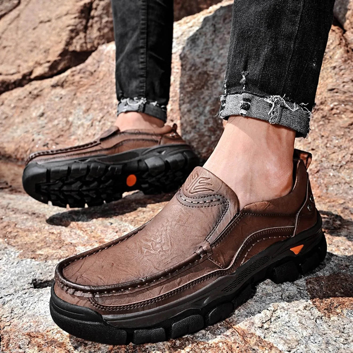 Men's Thick Bottom Slip on Leather Loafer,Hand Stitching Comfort Anti Slip Moccasins Casual Walking Shoes Outdoor Hiking Driving Work Office Dress Men Classic Leisure Sneakers