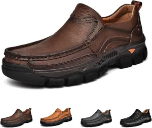 Men's Thick Bottom Slip on Leather Loafer,Hand Stitching Comfort Anti Slip Moccasins Casual Walking Shoes Outdoor Hiking Driving Work Office Dress Men Classic Leisure Sneakers