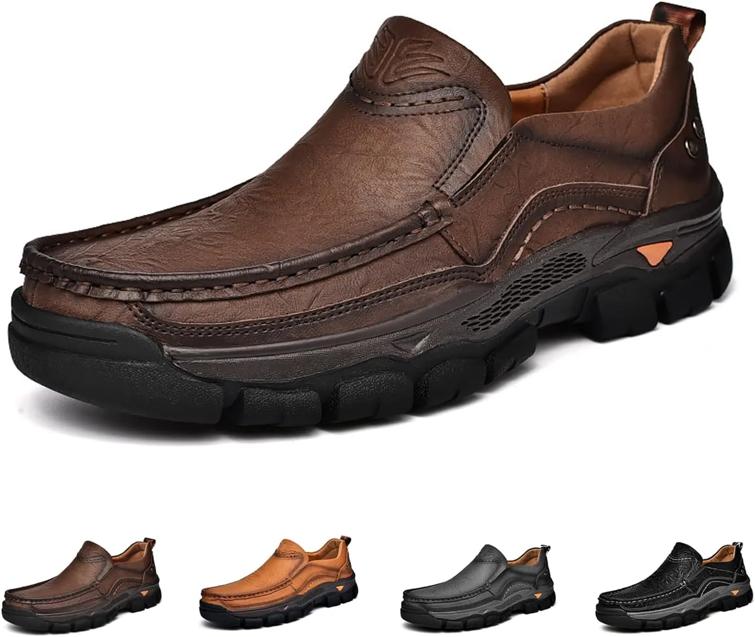 Men's Thick Bottom Slip on Leather Loafer,Hand Stitching Comfort Anti Slip Moccasins Casual Walking Shoes Outdoor Hiking Driving Work Office Dress Men Classic Leisure Sneakers