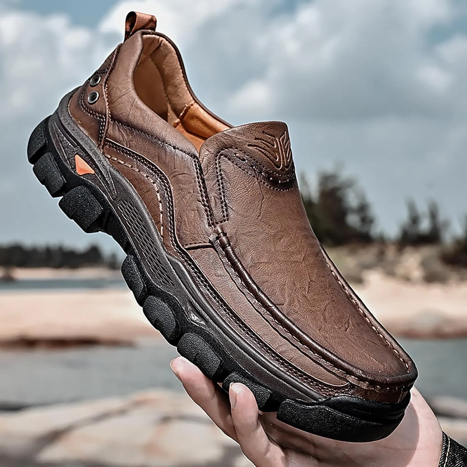 Men's Thick Bottom Slip on Leather Loafer,Hand Stitching Comfort Anti Slip Moccasins Casual Walking Shoes Outdoor Hiking Driving Work Office Dress Men Classic Leisure Sneakers