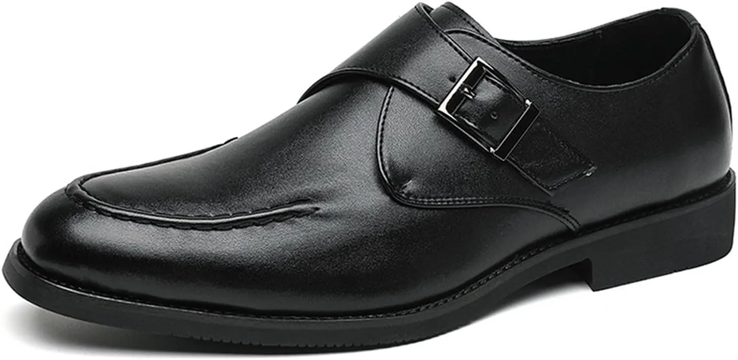 Men's Trendy Cowhide Chunky Heels Business Loafers with Monk Buckle Pointed Toe Comfort Slip On Dress Oxford Shoes for Casual Wedding Formal Shoes