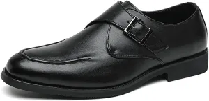 Men's Trendy Cowhide Chunky Heels Business Loafers with Monk Buckle Pointed Toe Comfort Slip On Dress Oxford Shoes for Casual Wedding Formal Shoes