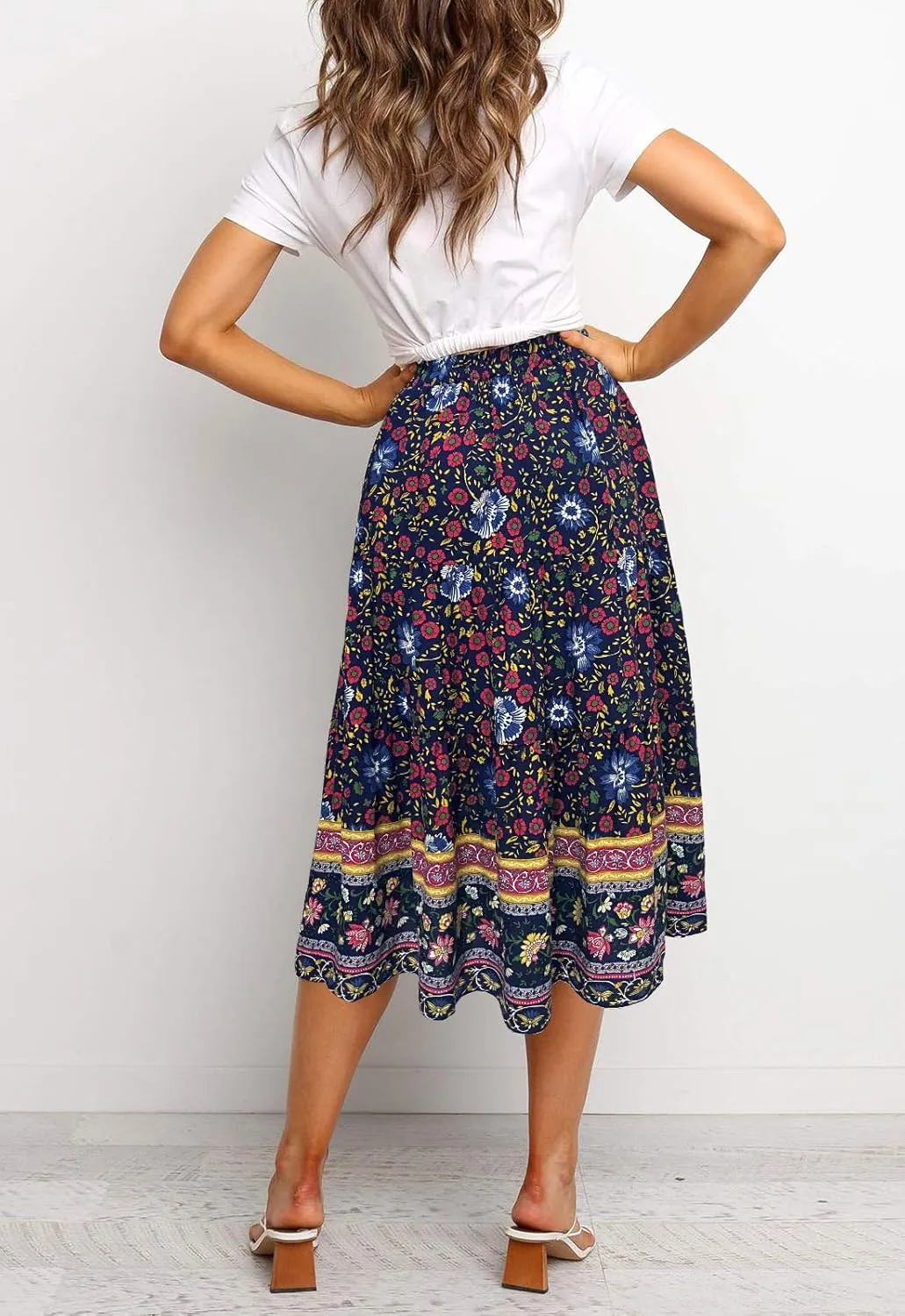 MEROKEETY Women's Boho Leopard Print Skirt Pleated A-Line Swing Midi Skirts