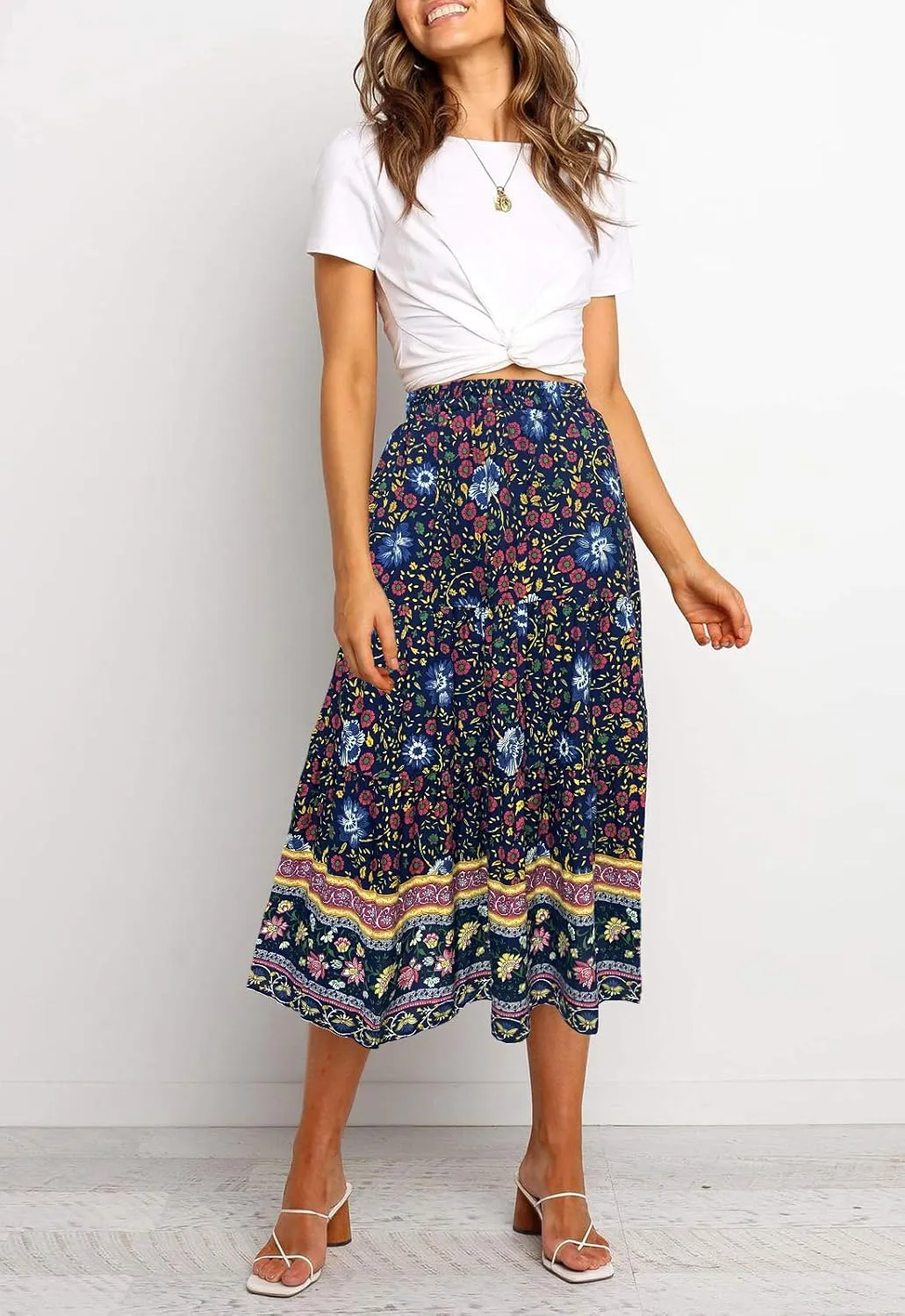 MEROKEETY Women's Boho Leopard Print Skirt Pleated A-Line Swing Midi Skirts
