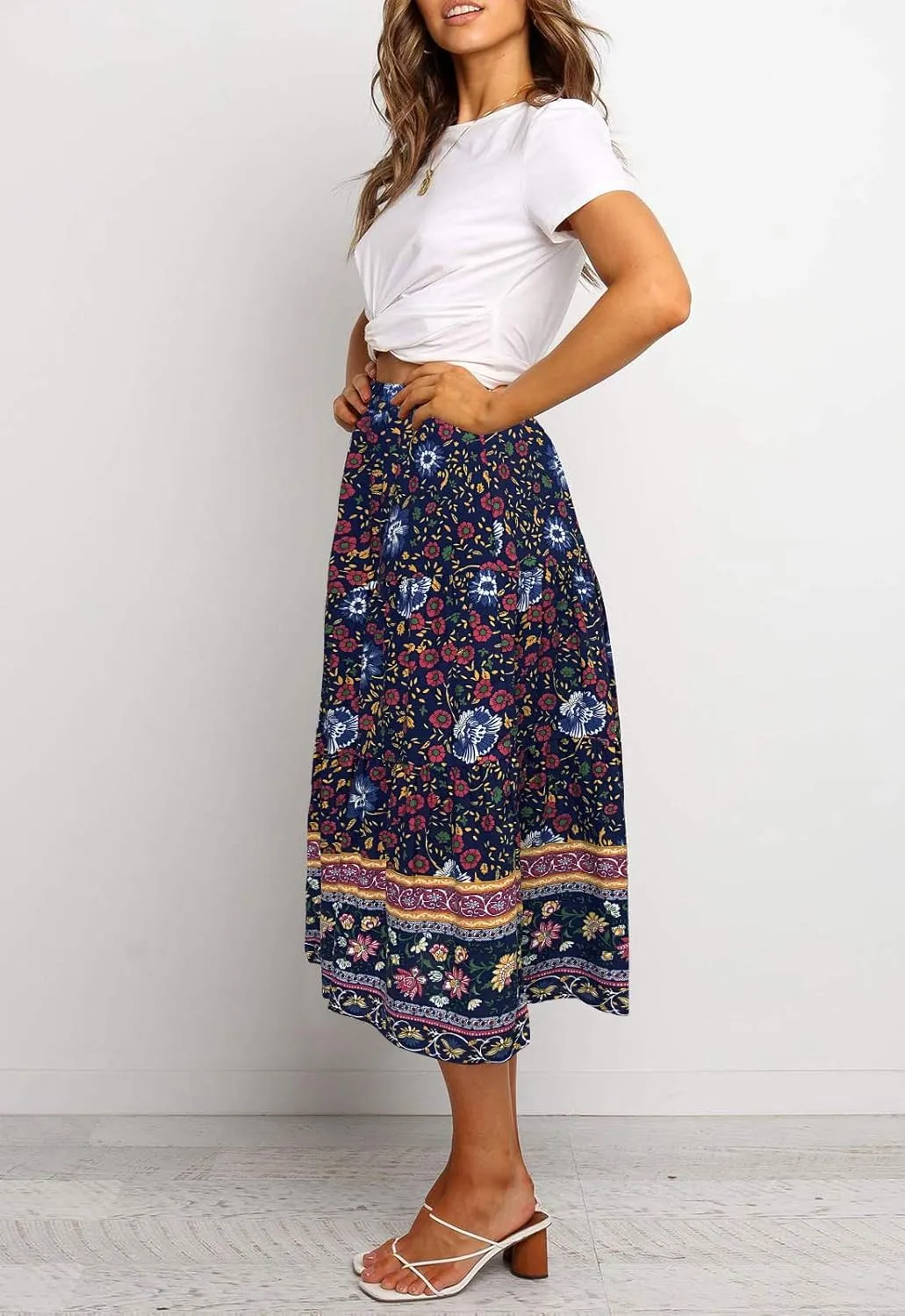 MEROKEETY Women's Boho Leopard Print Skirt Pleated A-Line Swing Midi Skirts