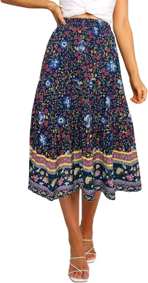 MEROKEETY Women's Boho Leopard Print Skirt Pleated A-Line Swing Midi Skirts