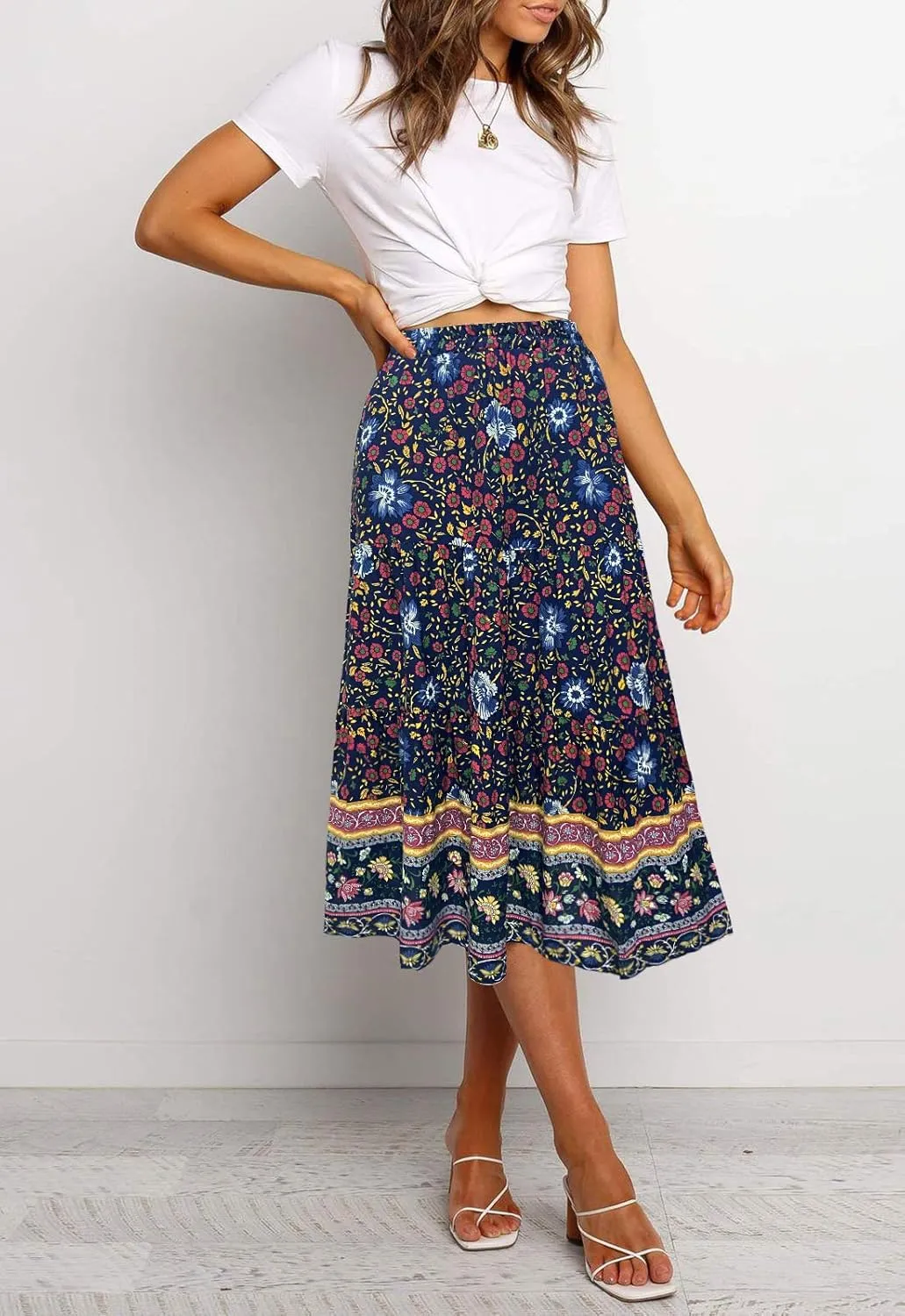 MEROKEETY Women's Boho Leopard Print Skirt Pleated A-Line Swing Midi Skirts