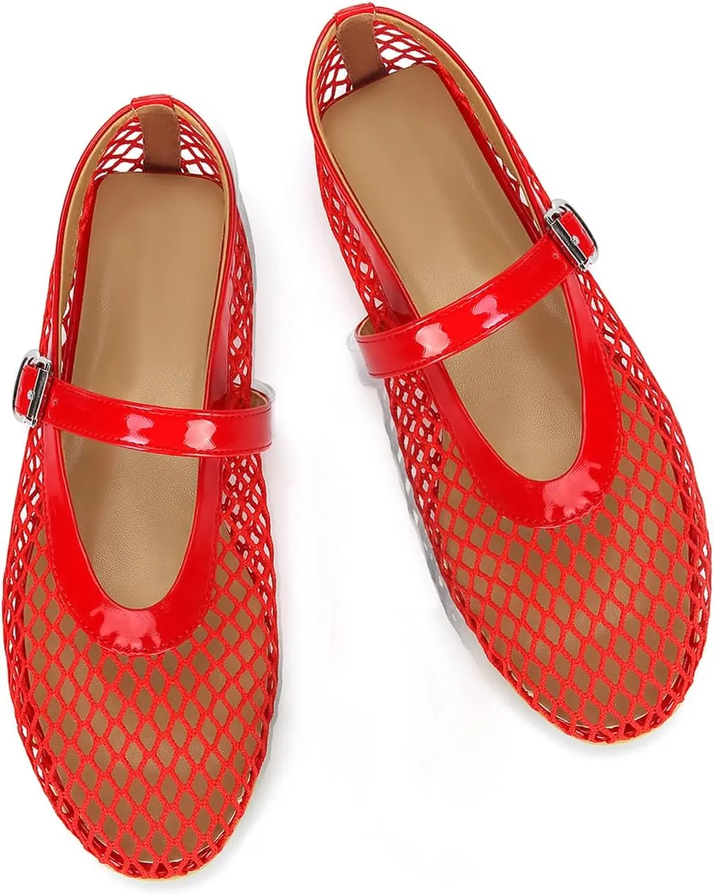 Mesh Ballet Flats for Women Buckle Strap Comfy Casual Office Fishnet Ballerina Flat Shoes