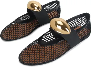 Mesh Ballet Flats for Women Buckle Strap Comfy Casual Office Fishnet Ballerina Flat Shoes