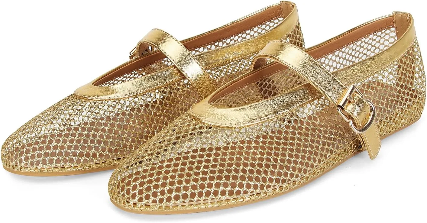 Mesh Ballet Flats for Women Buckle Strap Comfy Casual Office Fishnet Ballerina Flat Shoes