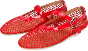 Mesh Ballet Flats for Women Buckle Strap Comfy Casual Office Fishnet Ballerina Flat Shoes