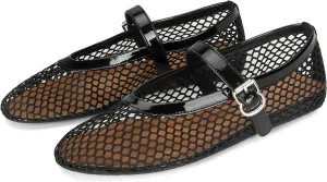 Mesh Ballet Flats for Women Buckle Strap Comfy Casual Office Fishnet Ballerina Flat Shoes