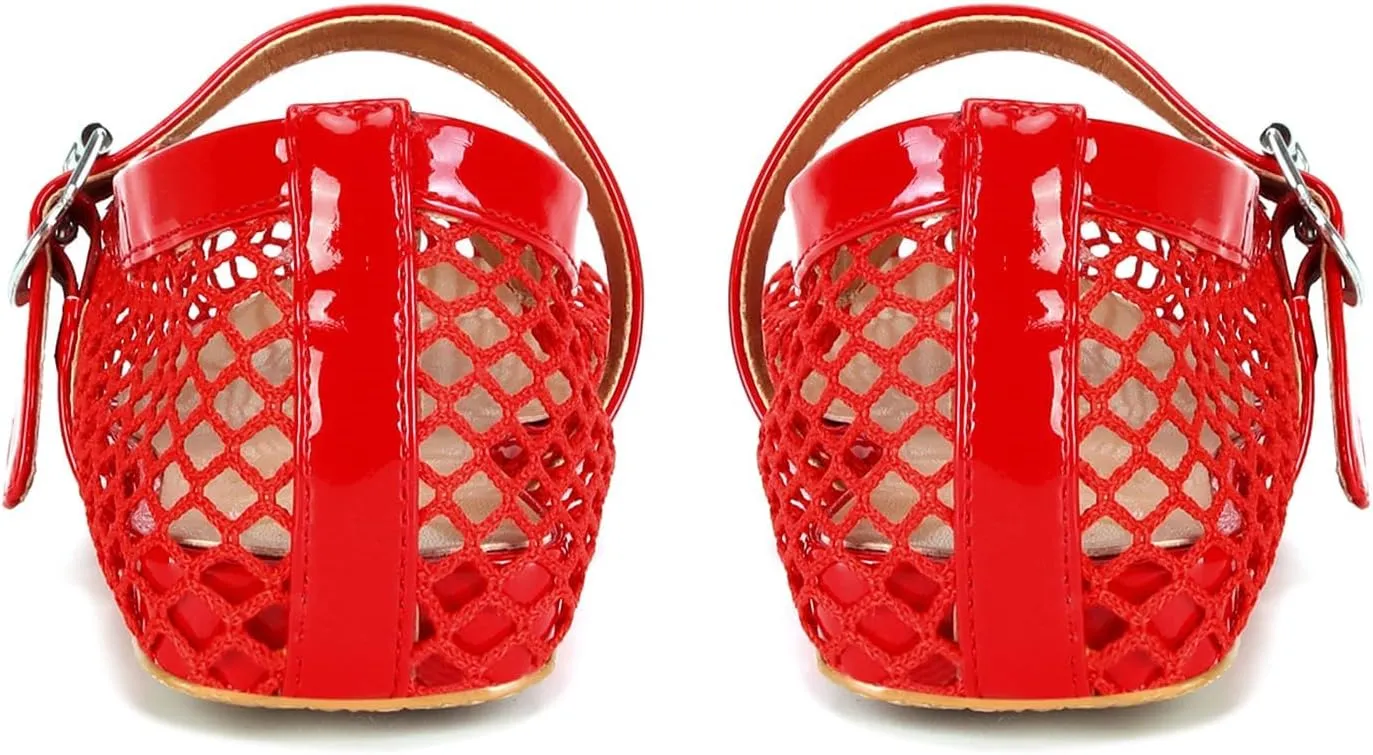 Mesh Ballet Flats for Women Buckle Strap Comfy Casual Office Fishnet Ballerina Flat Shoes