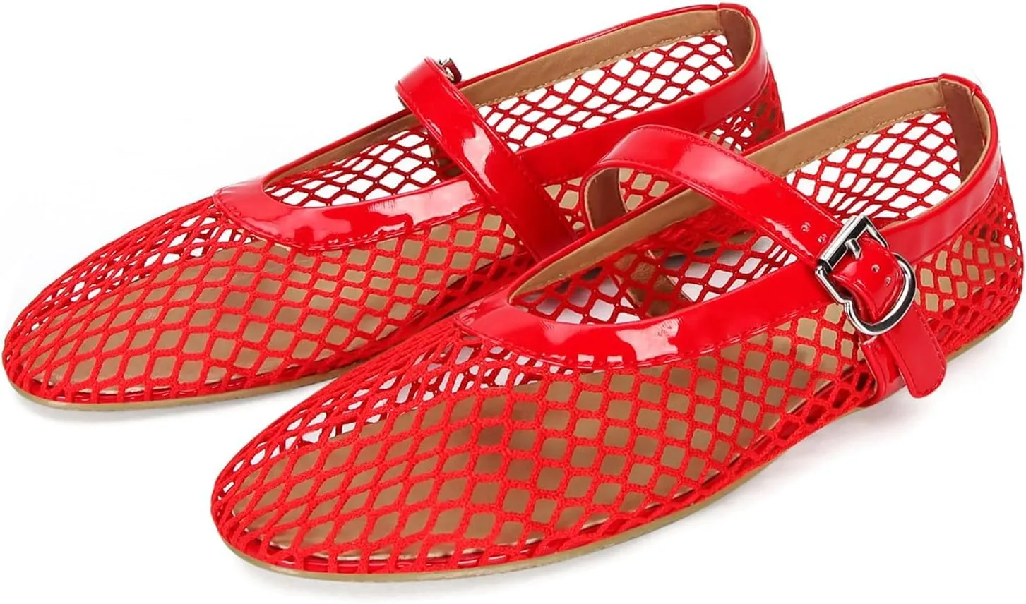 Mesh Ballet Flats for Women Buckle Strap Comfy Casual Office Fishnet Ballerina Flat Shoes