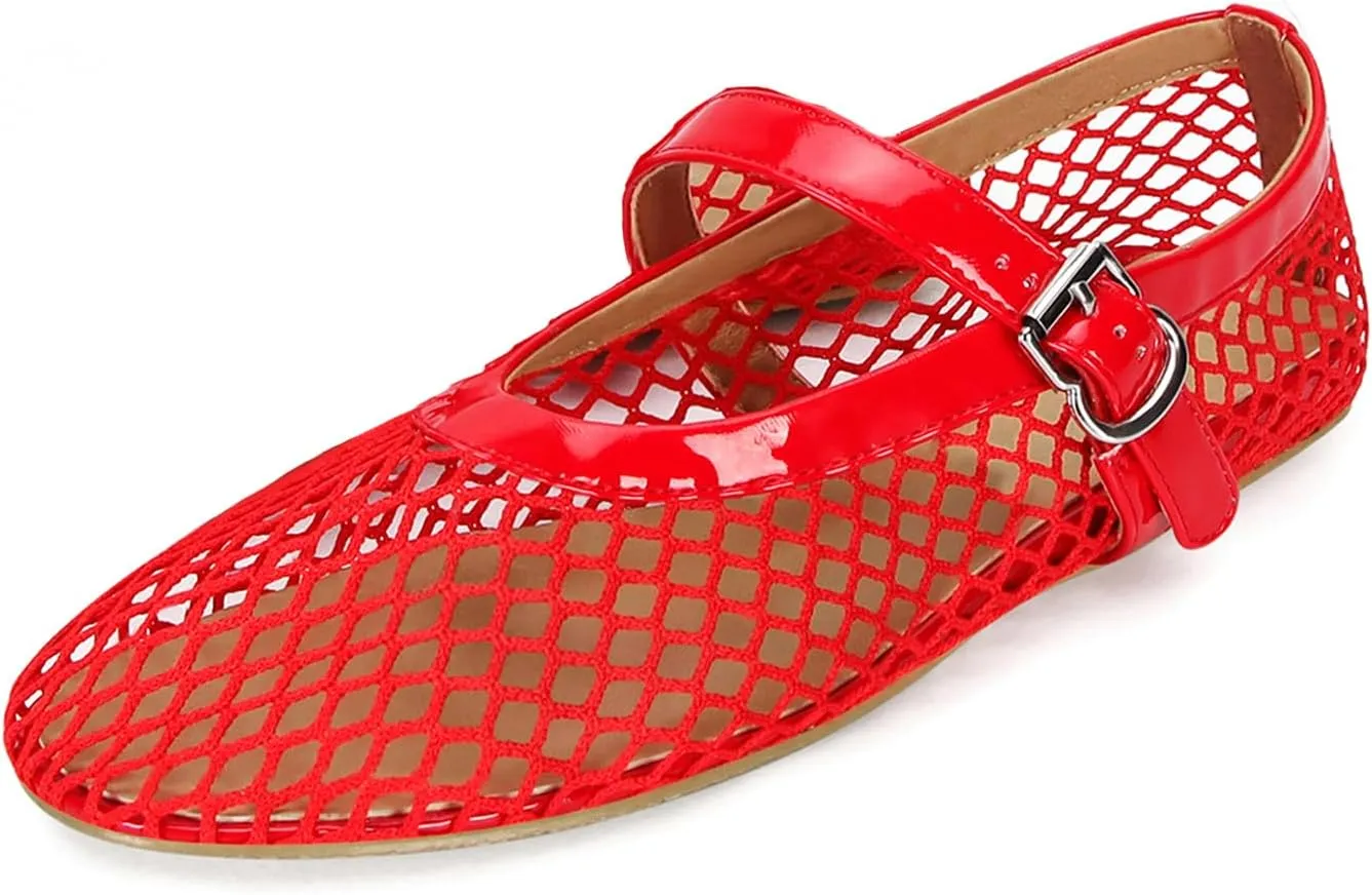 Mesh Ballet Flats for Women Buckle Strap Comfy Casual Office Fishnet Ballerina Flat Shoes