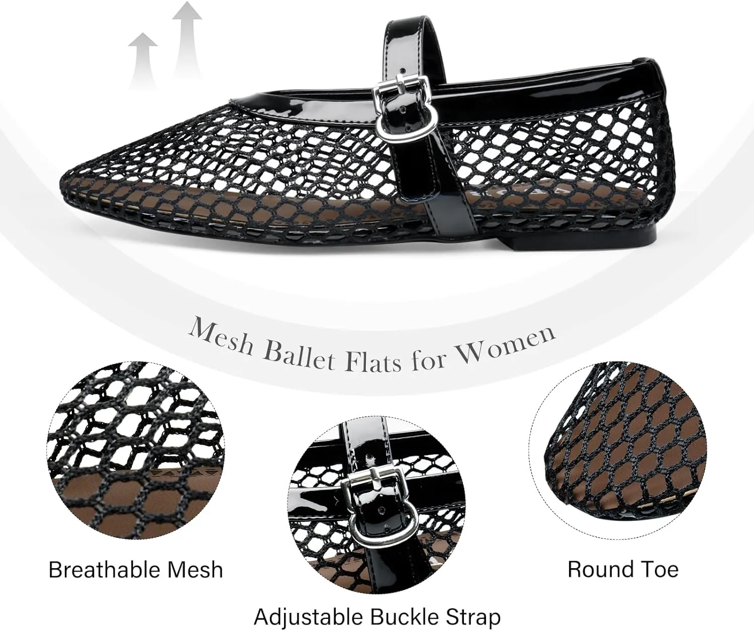 Mesh Ballet Flats for Women Round Toe Buckle Strap Comfy Casua Office Ballerina Mary Jane Flats Shoes