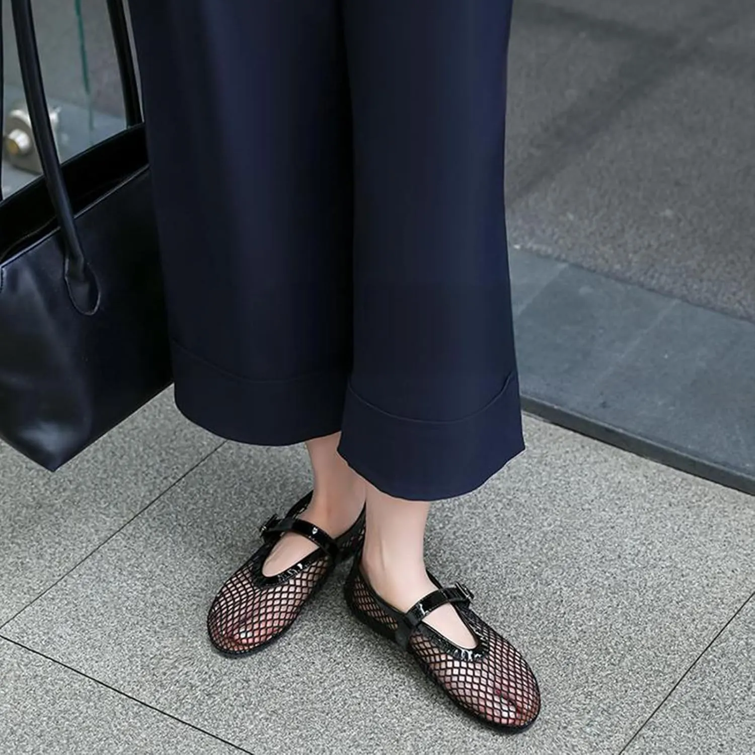 Mesh Ballet Flats for Women Round Toe Buckle Strap Comfy Casua Office Ballerina Mary Jane Flats Shoes
