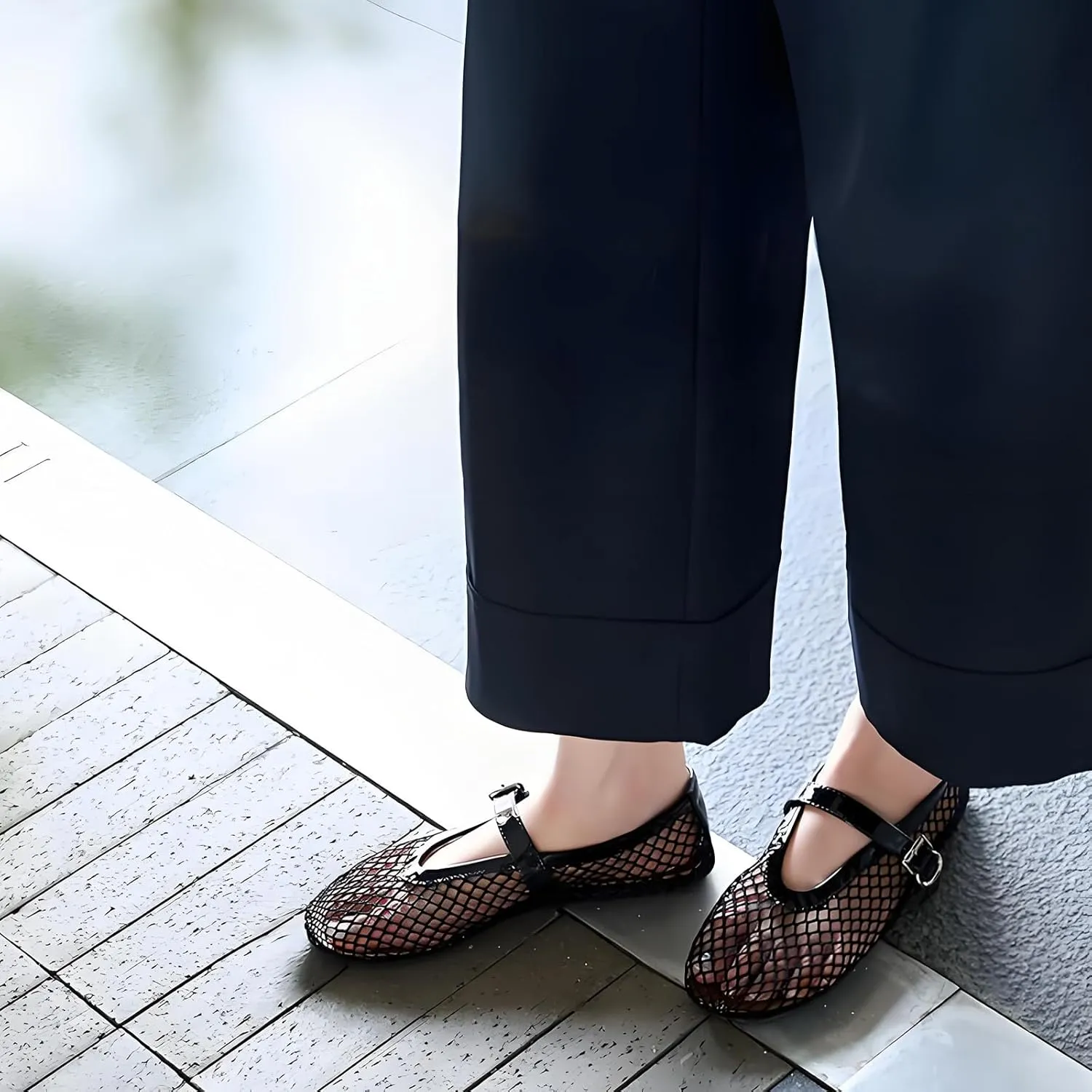 Mesh Ballet Flats for Women Round Toe Buckle Strap Comfy Casua Office Ballerina Mary Jane Flats Shoes