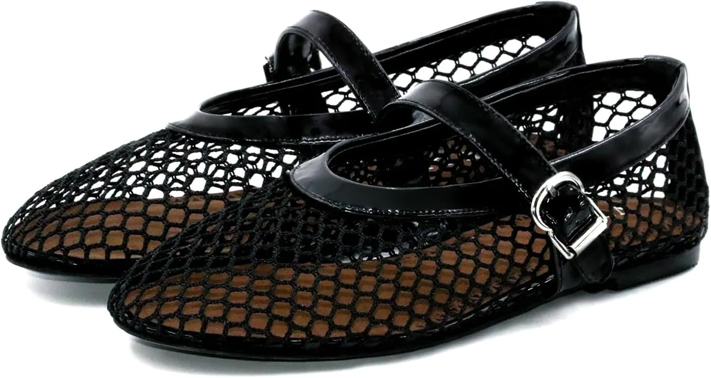 Mesh Ballet Flats for Women Round Toe Buckle Strap Comfy Casua Office Ballerina Mary Jane Flats Shoes