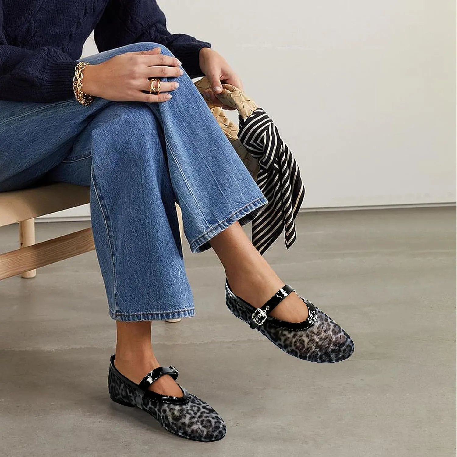 Mesh Ballet Flats for Women Round Toe Buckle Strap Comfy Casua Office Ballerina Mary Jane Flats Shoes