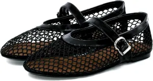 Mesh Ballet Flats for Women Round Toe Buckle Strap Comfy Casua Office Ballerina Mary Jane Flats Shoes